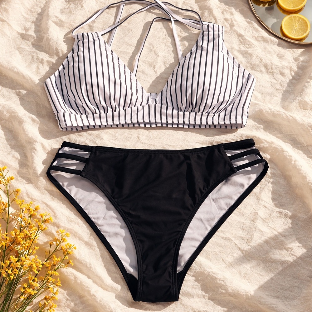 SALE! Striped White & Black Two-Piece Swimsuit - Women's Bikini